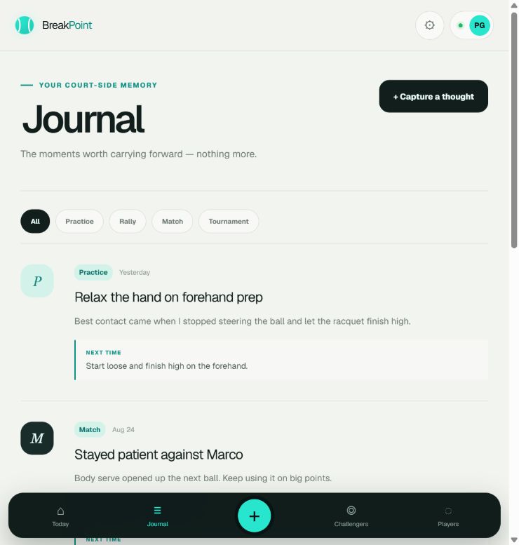 BreakPoint Journal showing concise tennis notes and next-time adjustments