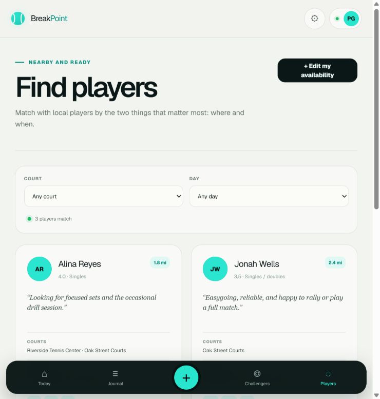 BreakPoint local player finder filtered by court and availability